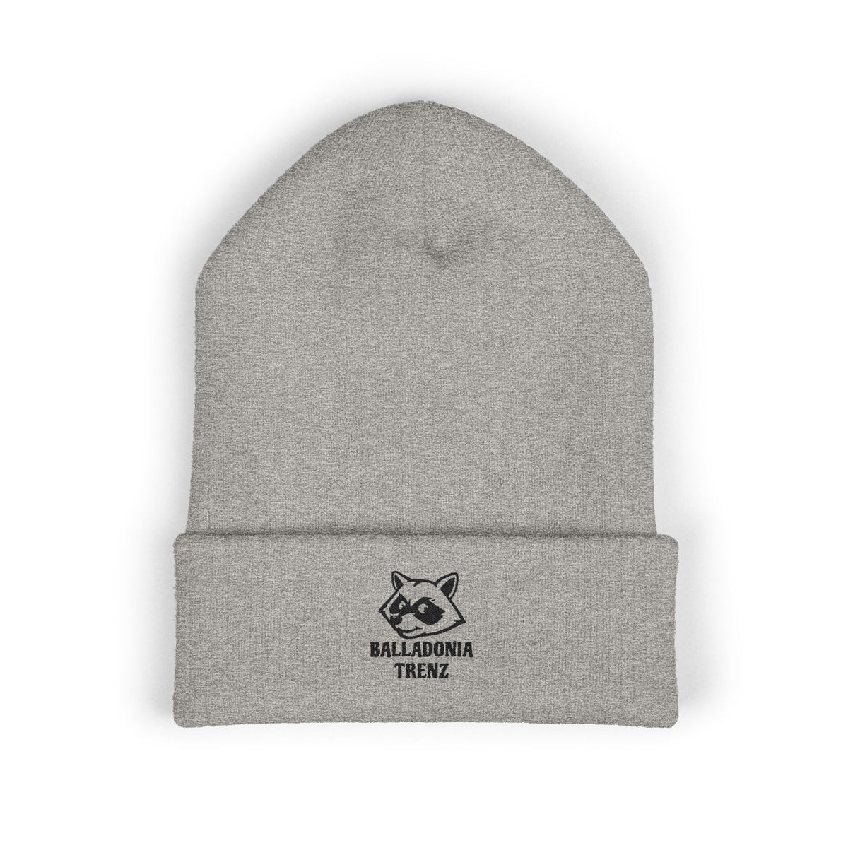 Embroidered Raccoon Logo Cuffed Beanie — Balladonia Trenz Knit Hat