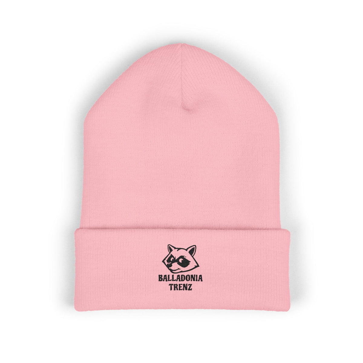 Embroidered Raccoon Logo Cuffed Beanie — Balladonia Trenz Knit Hat