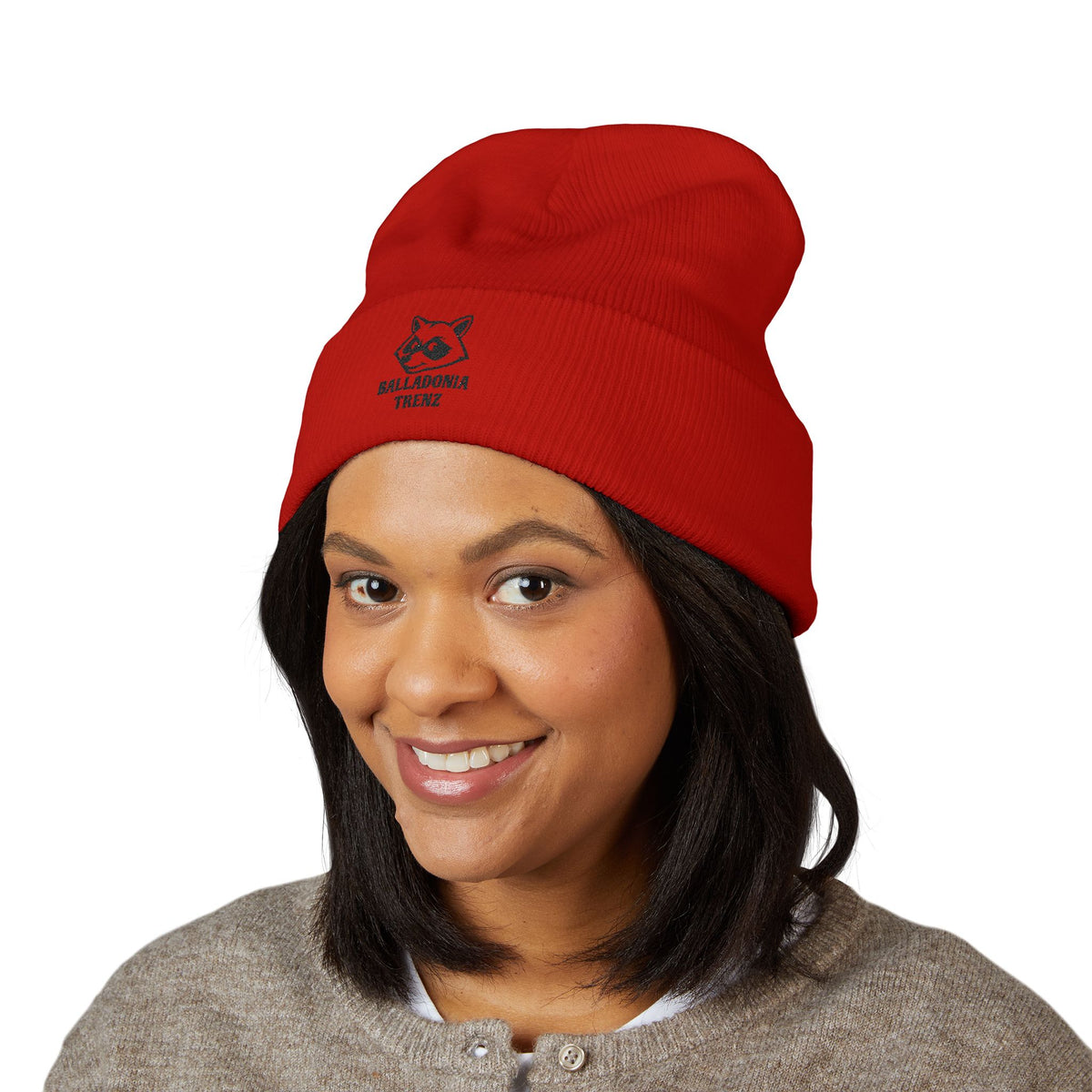 Embroidered Raccoon Logo Cuffed Beanie — Balladonia Trenz Knit Hat