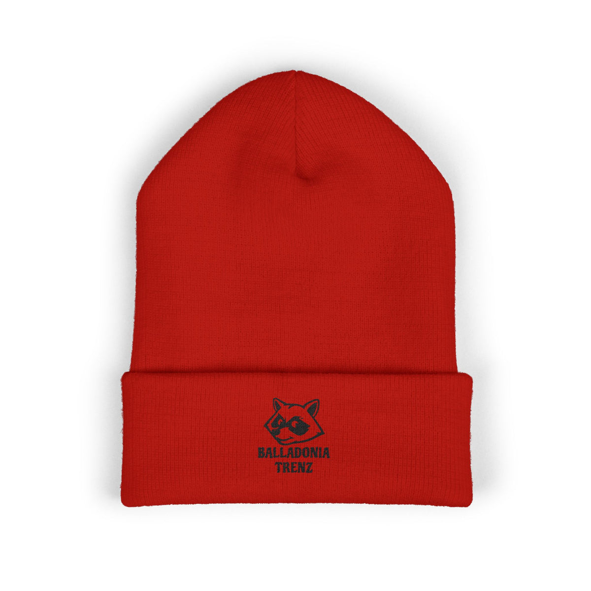 Embroidered Raccoon Logo Cuffed Beanie — Balladonia Trenz Knit Hat